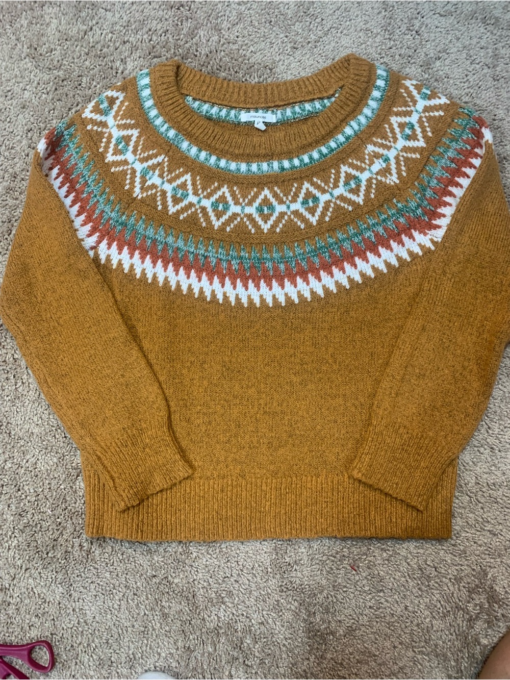 Maurices Mustard Fair Isle Crewneck Sweater with Teal & White Accents